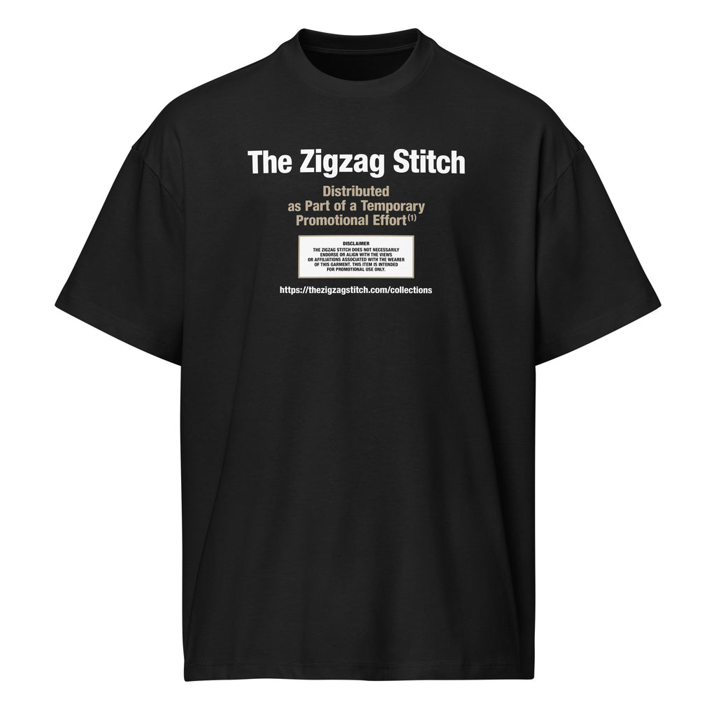 Ghost view of Black t-shirt with graphic print. Reads “Distributed as Part of a Promotional Effort” designed by The Zigzag Stitch