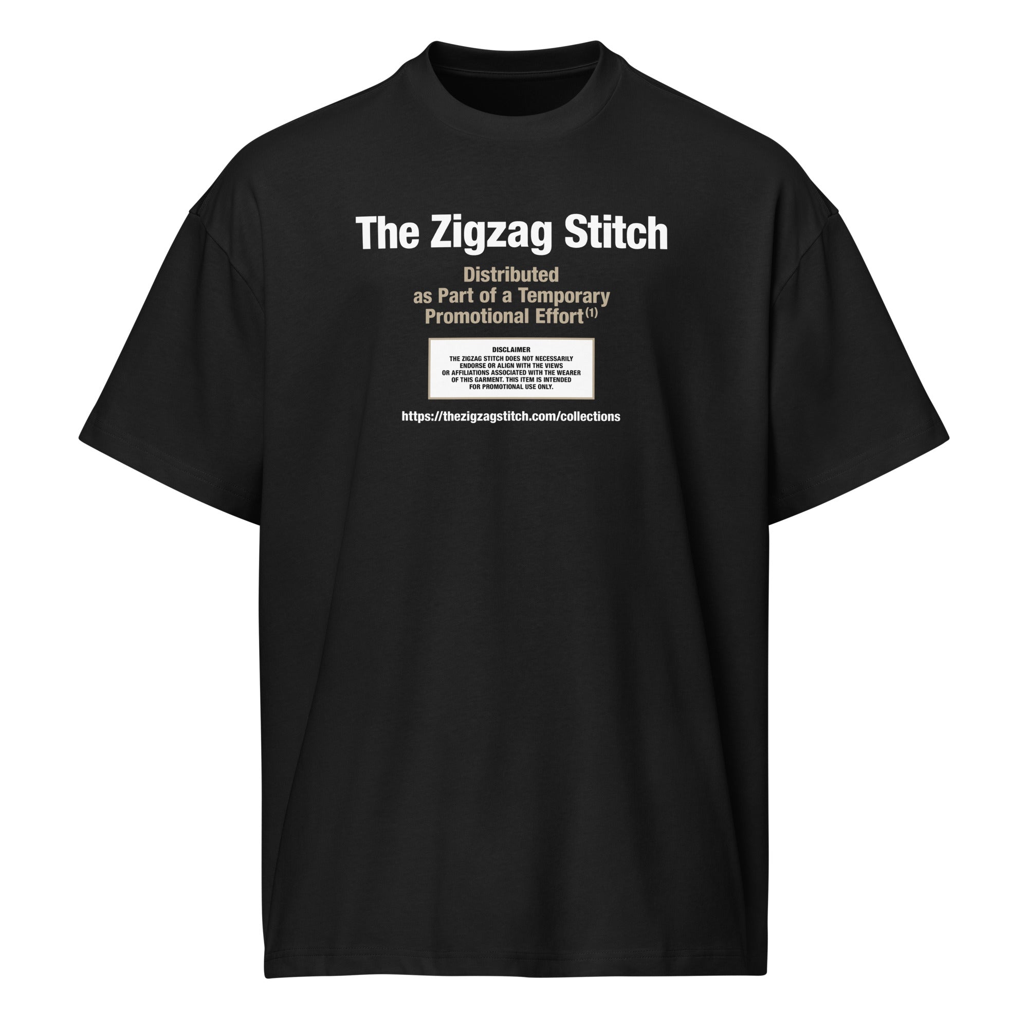 Ghost view of Black t-shirt with graphic print. Reads “Distributed as Part of a Promotional Effort” designed by The Zigzag Stitch